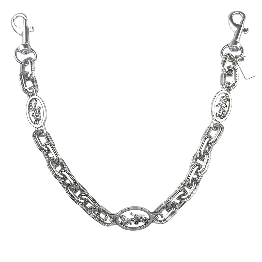 Silver paperclip chain bag strap with decorative links and a lobster clasp.