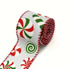 Red and green candy cane patterned burlap ribbon rolled into a festive decorative strip