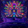 A vibrant tapestry featuring a glowing human silhouette with colorful chakra patterns and lotus motifs against a dark backgro