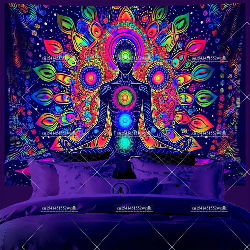 A vibrant tapestry featuring a glowing human silhouette with colorful chakra patterns and lotus motifs against a dark backgro