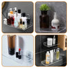 Clear acrylic floating shelf with wall mount displaying various skincare and beauty products.