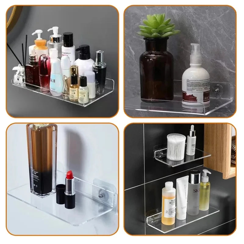 Clear acrylic floating shelf with wall mount displaying various skincare and beauty products.