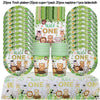 A set of 20 plates, cups, napkins, and a tablecloth featuring a Wild One jungle safari theme.