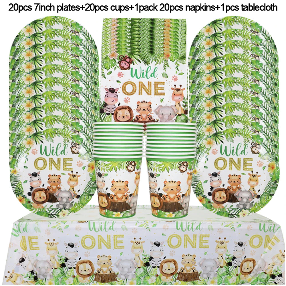 A set of 20 plates, cups, napkins, and a tablecloth featuring a Wild One jungle safari theme.