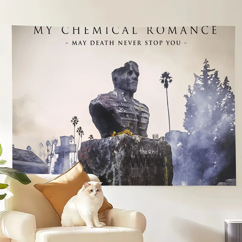 A framed poster featuring a dark statue and text saying May Death Never Stop You