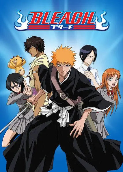 Anime Bleach-Charaktere Ichigo und seine Freunde in dynamischen Posen vor blauem Hintergrund