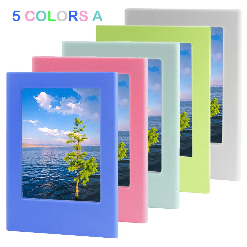Five colored magnetic photo frames displayed side by side, featuring a landscape photograph inside.