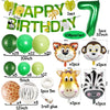 A set of safari jungle balloon garland arch kit featuring green and yellow balloons, palm leaves, and animal-themed decoratio