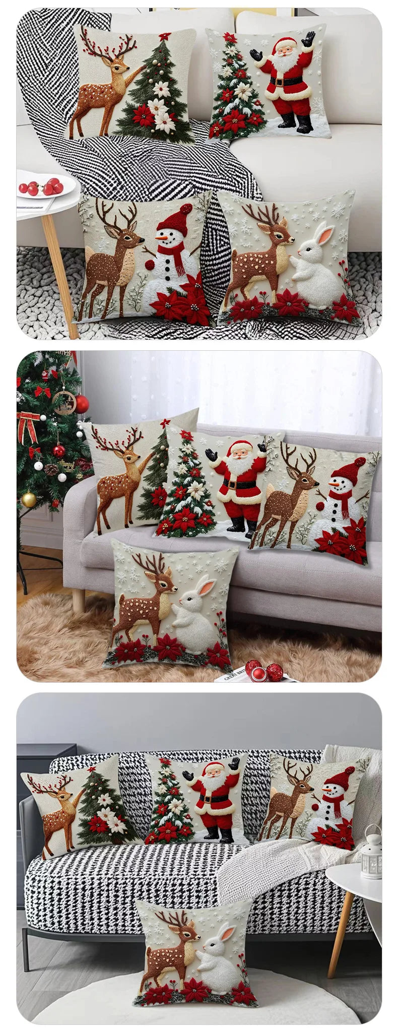 A set of four festive Christmas linen throw pillow covers featuring deer and reindeer designs on a gray sofa.