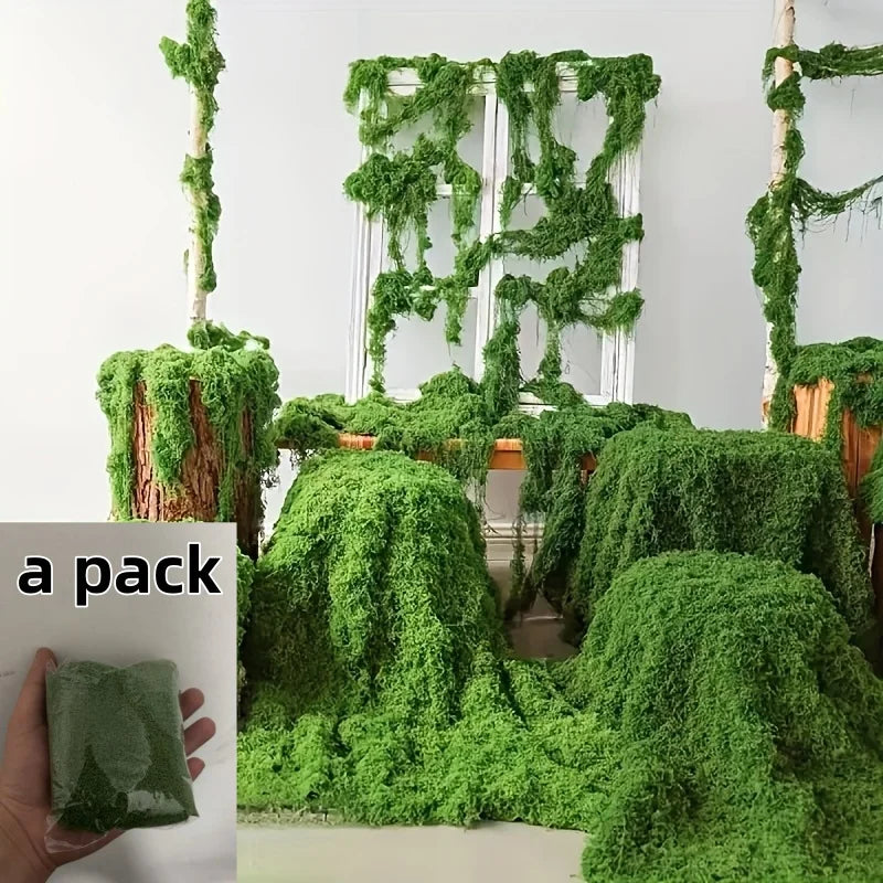 A pack of green artificial moss used for home decor and DIY projects