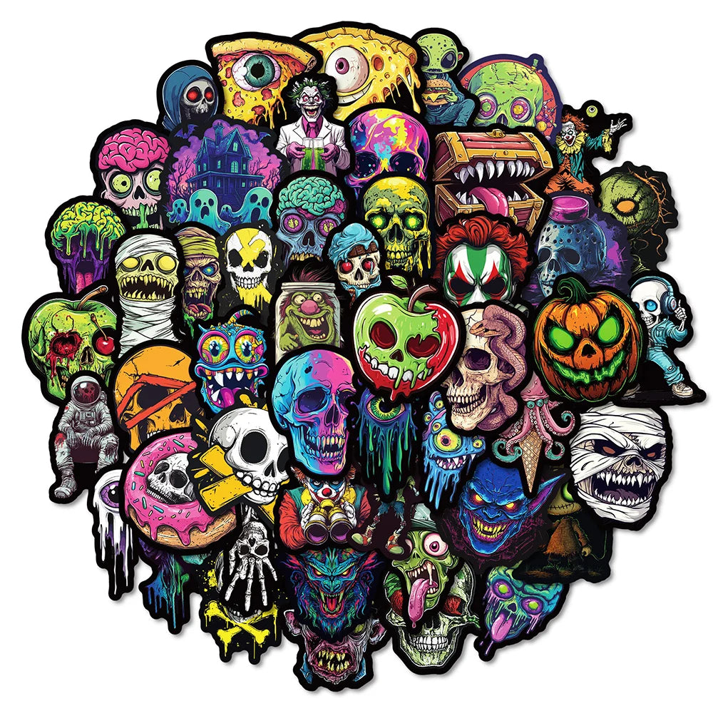 A collection of colorful skull and joker themed decals and stickers.