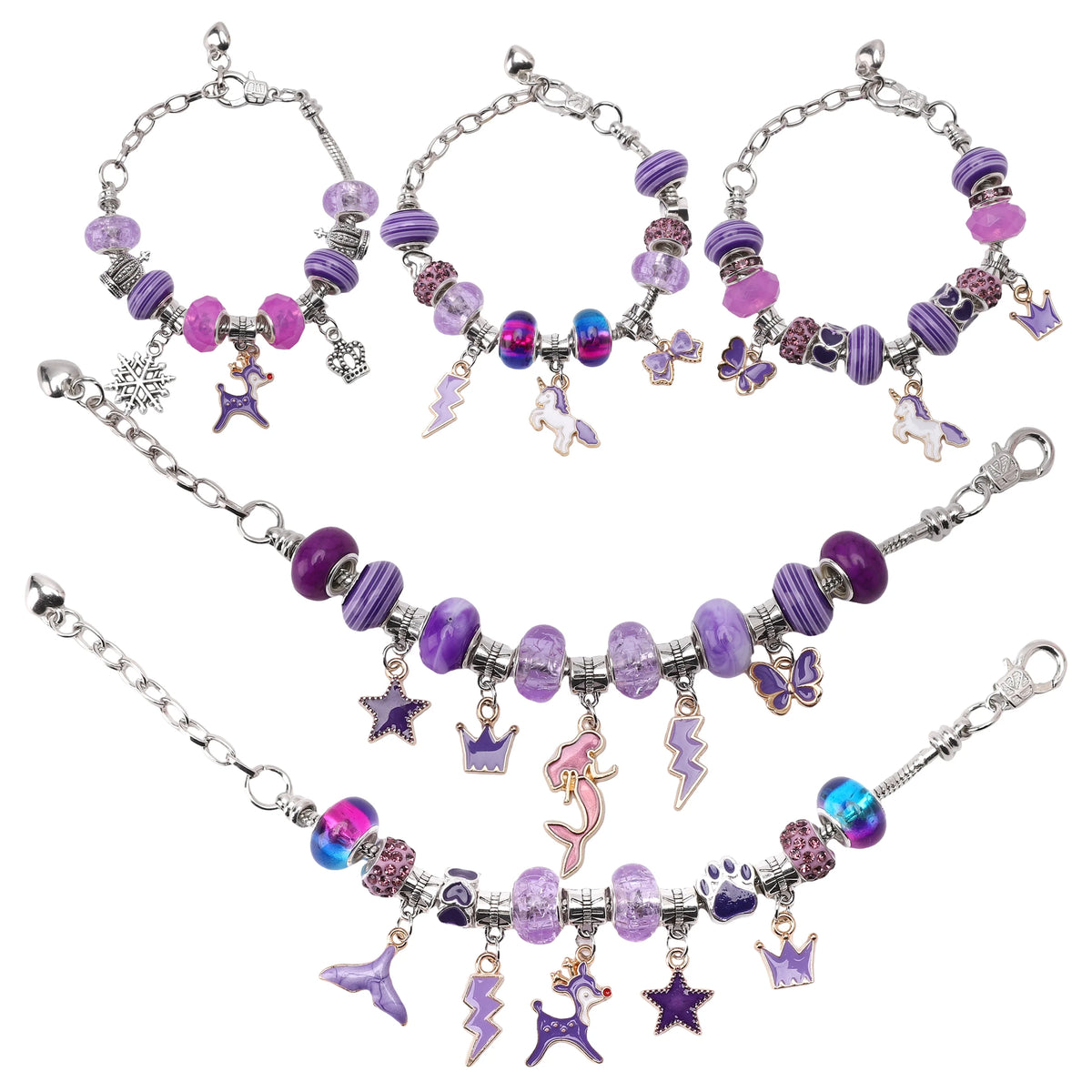 A set of purple and pink beaded bracelets and jewelry organizers for DIY bracelet making.