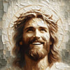 A textured painting depicting Jesus with a halo, smiling, and embracing a child.