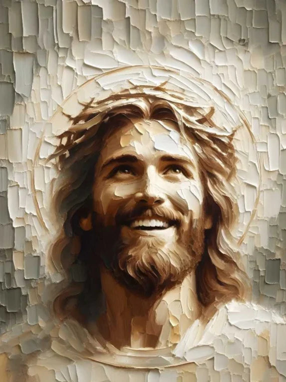 A textured painting depicting Jesus with a halo, smiling, and embracing a child.