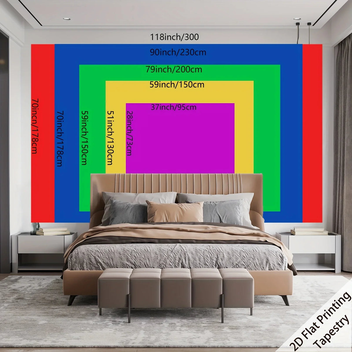 Tapis mural à impression plate 2D avec des blocs de couleur verticale rouge, bleu, vert et jaune