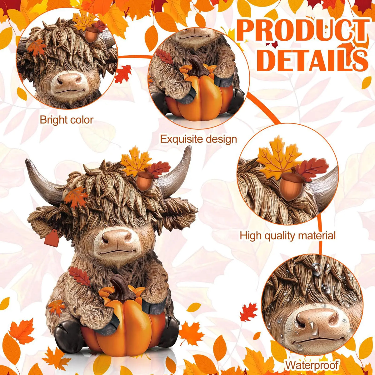 Two rustic wooden Highland cow figurines with pumpkin and maple leaf decor, highlighting bright color, exquisite design, high