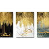 Set of three gold and black Islamic calligraphy art prints featuring Arabic words like salam sabr and tove