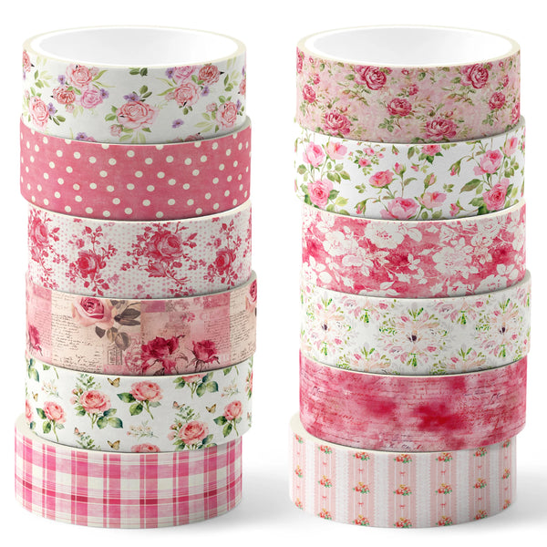 A set of twelve rolls of retro floral pink and white patterned washi tape for crafting and gift wrapping.