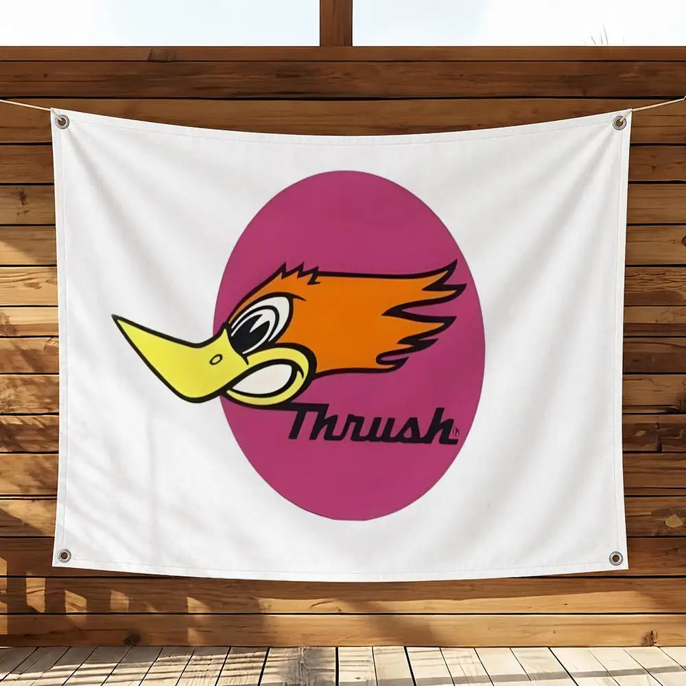 A white flag featuring an orange and yellow bird silhouette against a magenta circle with the word Thrush.