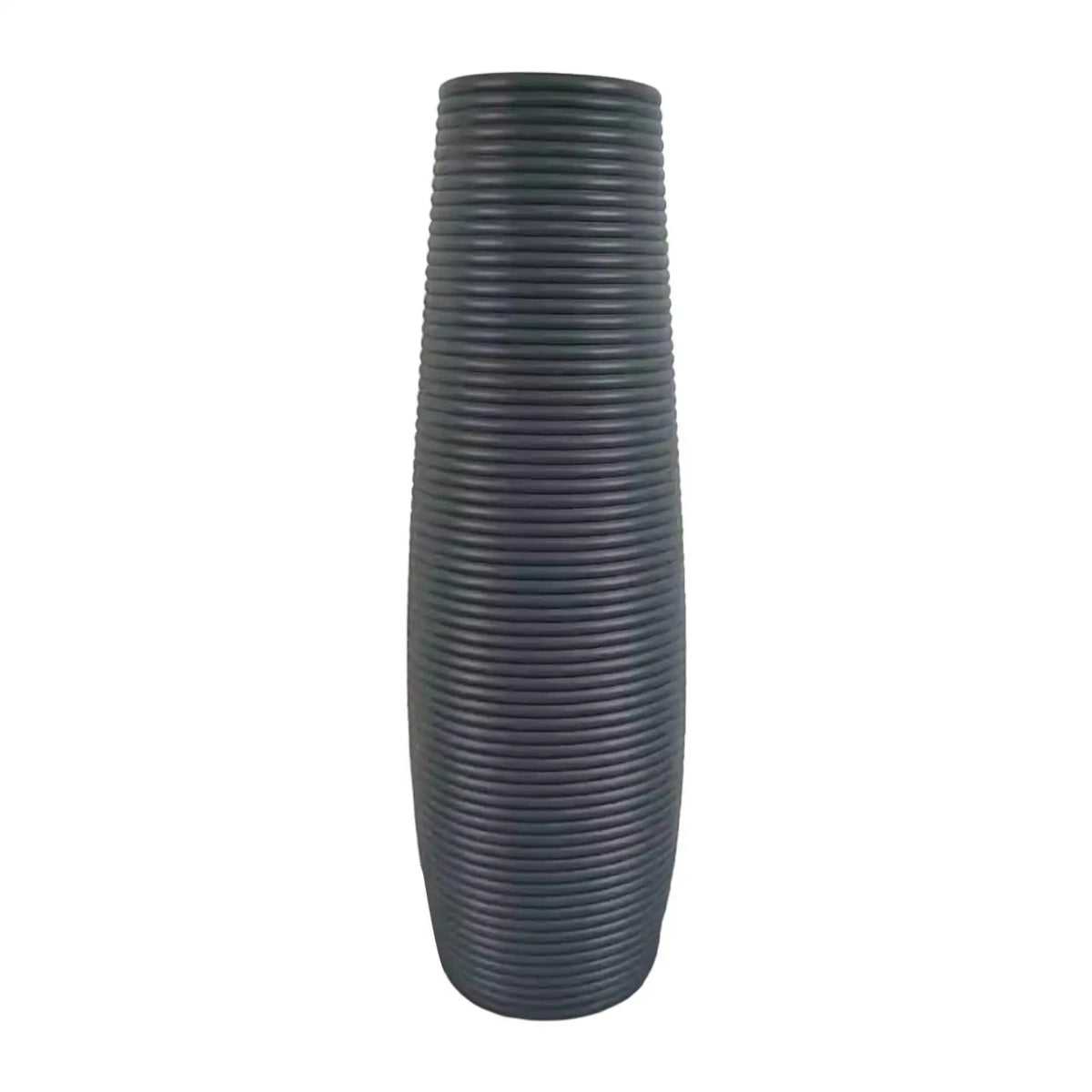 A tall, cylindrical floor vase with a ribbed texture in dark gray or black.