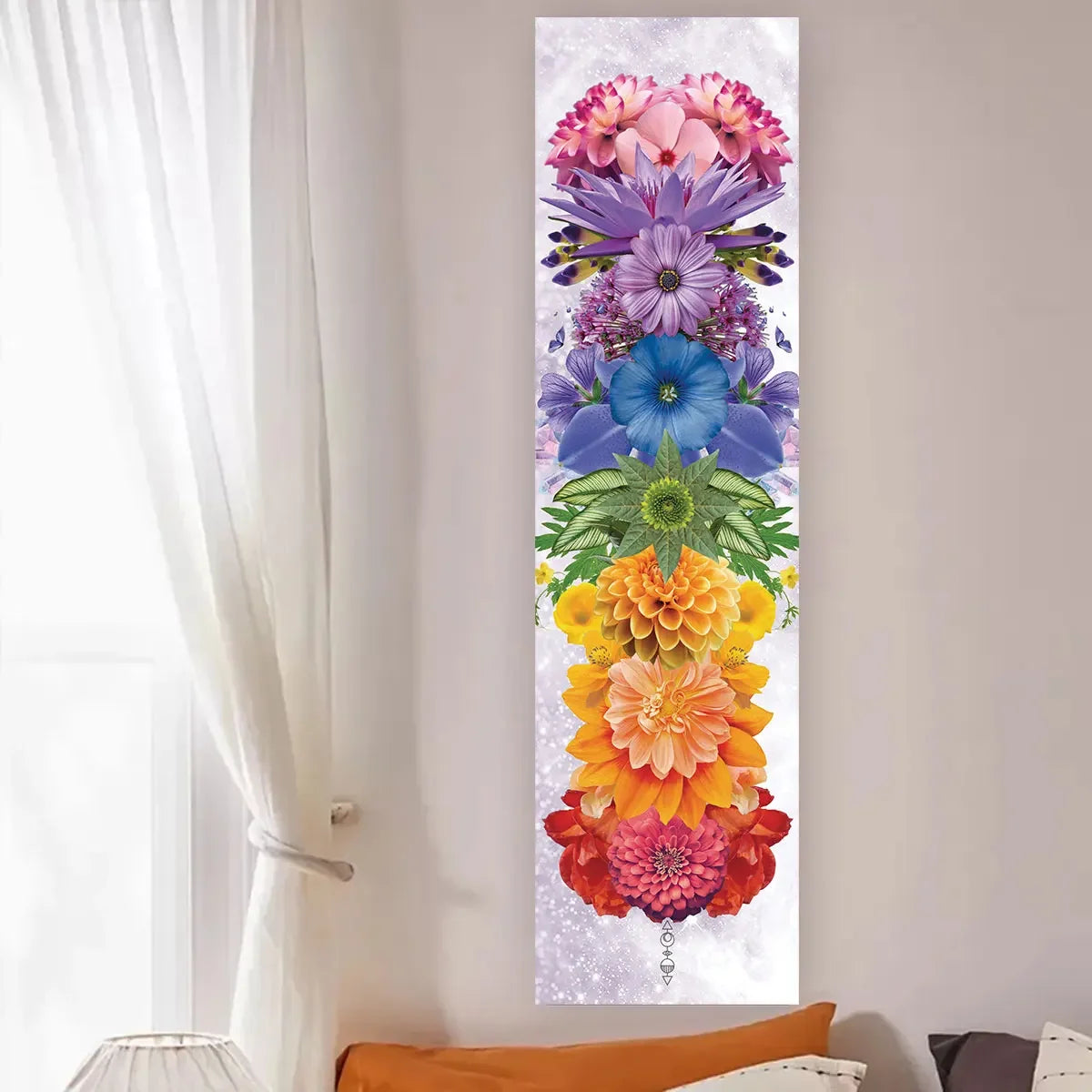 A vertical tapestry featuring a vibrant arrangement of pink, purple, blue, and orange flowers for spiritual decor.