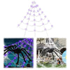 Halloween spider web lights with 250 LED bulbs and 8 modes shown in a pyramid shape and on a house.