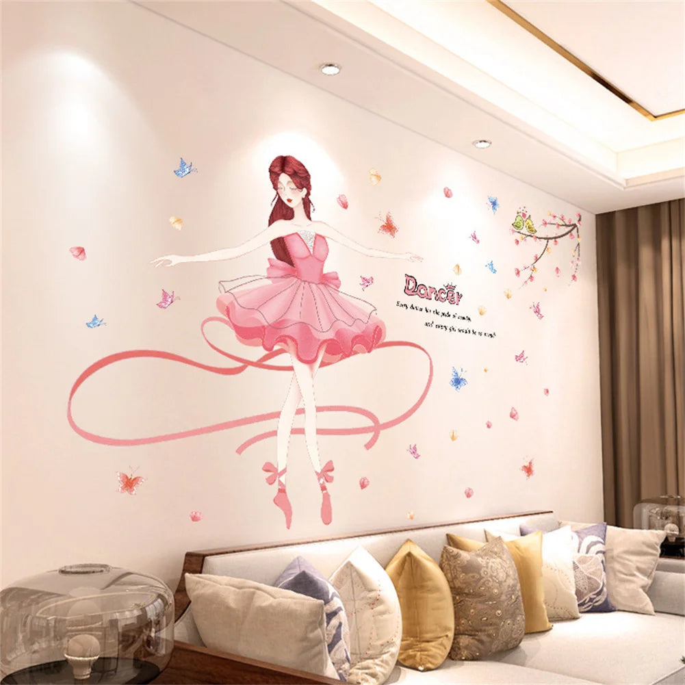 A wall sticker featuring a stylized, pink-clad female figure with red hair and butterflies on a white background.