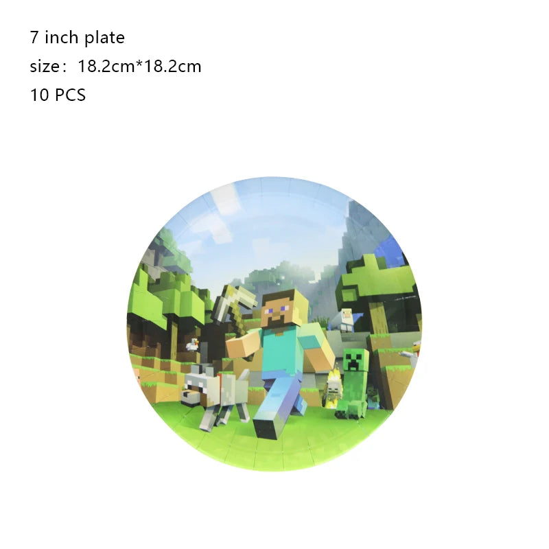A collection of Minecraft-themed birthday party decorations featuring block figures and greenery.