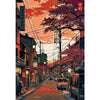 Ukiyo-e Anime City Street Canvas Wall Art depicting a vibrant, orange-hued street scene with traditional buildings and autumn