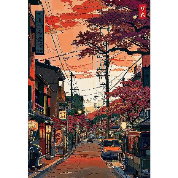 Ukiyo-e Anime City Street Canvas Wall Art depicting a vibrant, orange-hued street scene with traditional buildings and autumn