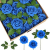 A box filled with realistic blue foam roses and green leaves for artificial flowers