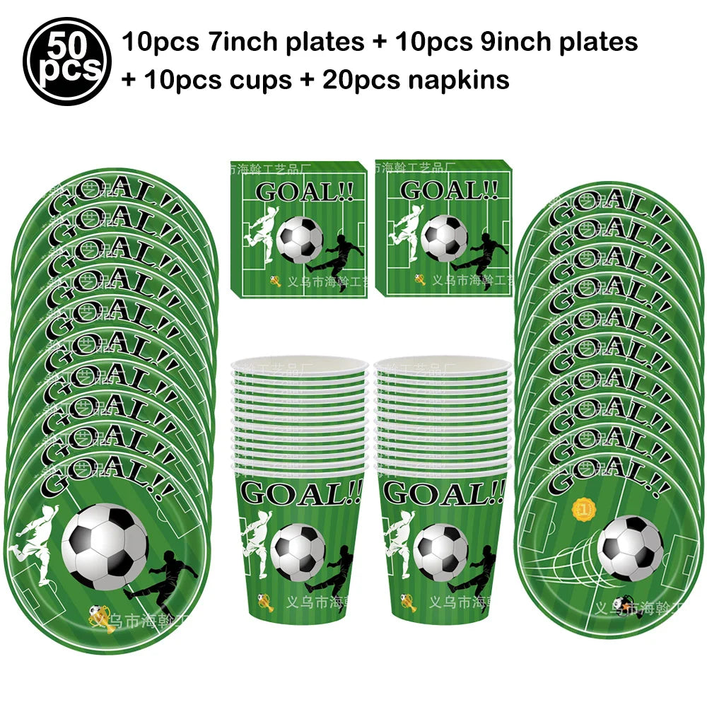 A set of soccer ball balloons including 10 plates, 10 cups, and 20 napkins.