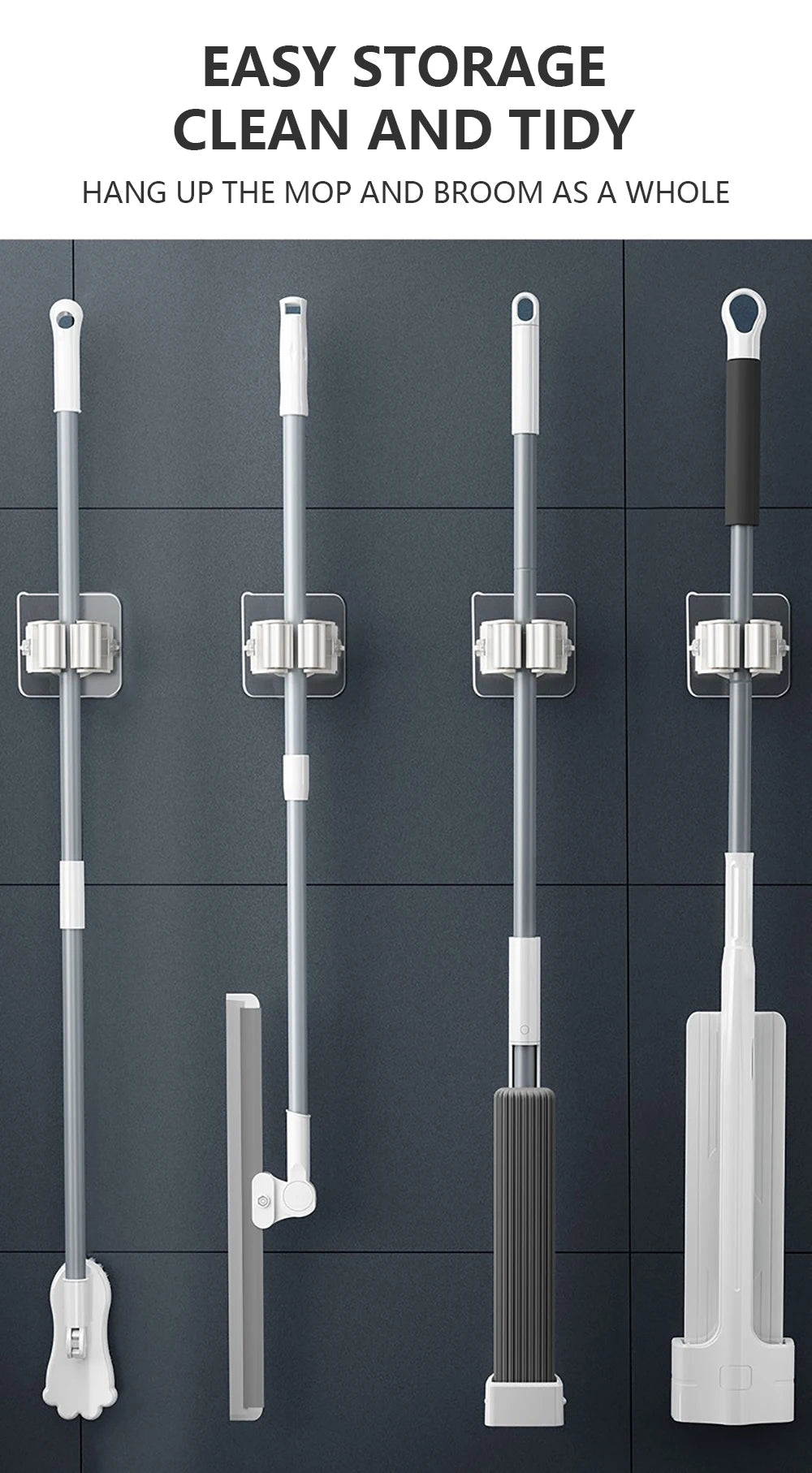 A set of adhesive wall hooks designed to hang mop and broom tools as a whole for easy storage.