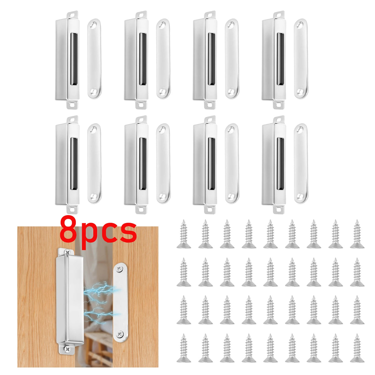 A set of 8 magnetic cabinet door closers and 12 metal cabinet door magnetic closers are shown with installation examples.