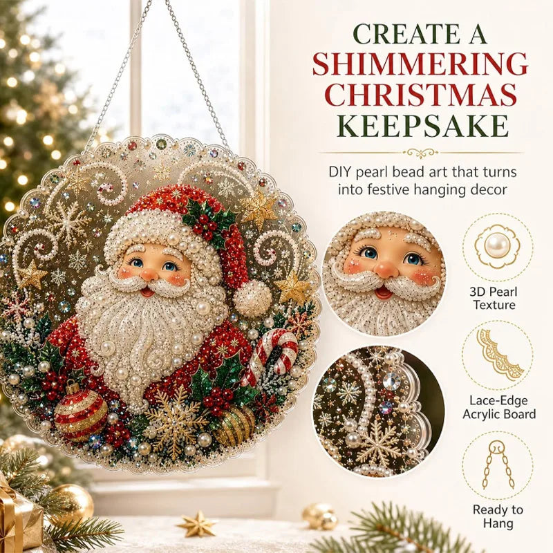 DIY Christmas keepsake featuring a festive Santa figure made from pearl bead art on an acrylic board