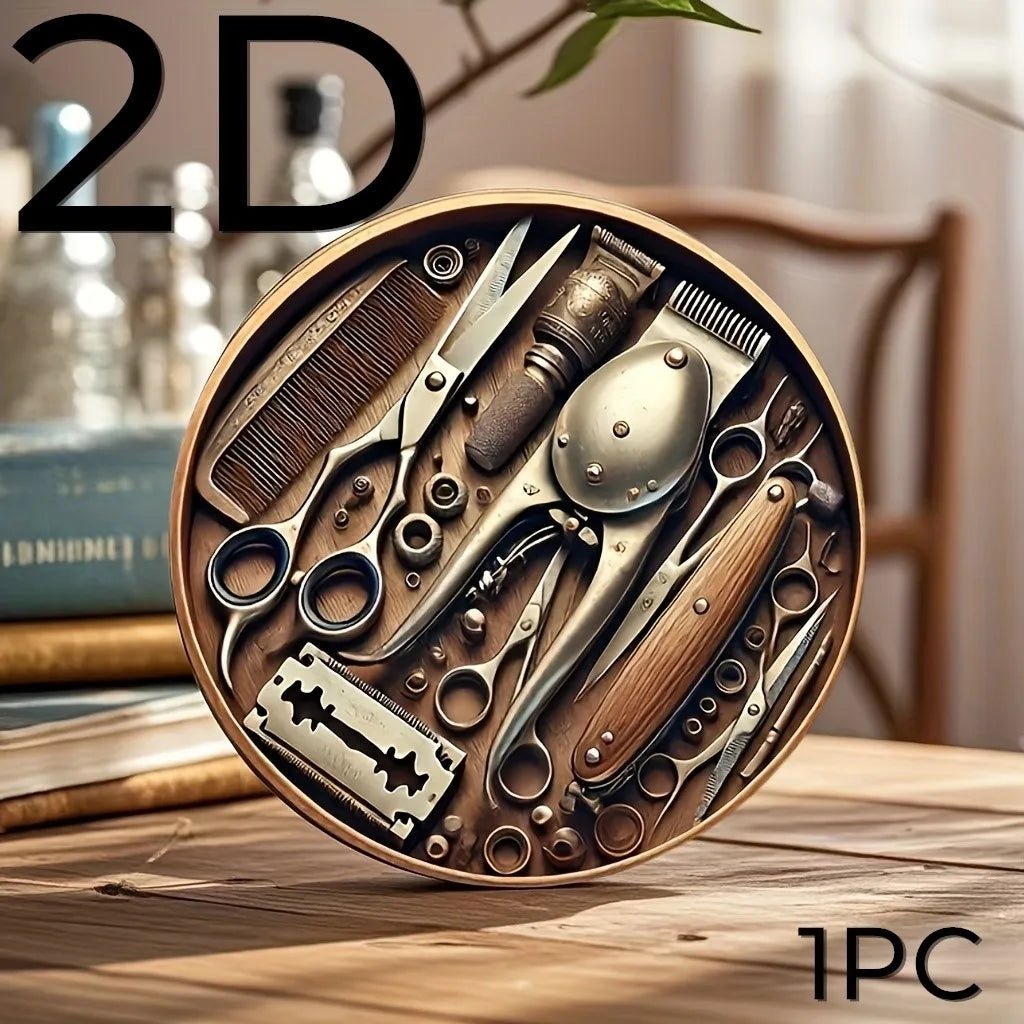 A circular sign featuring vintage wooden barber tools including scissors, combs, and razors.