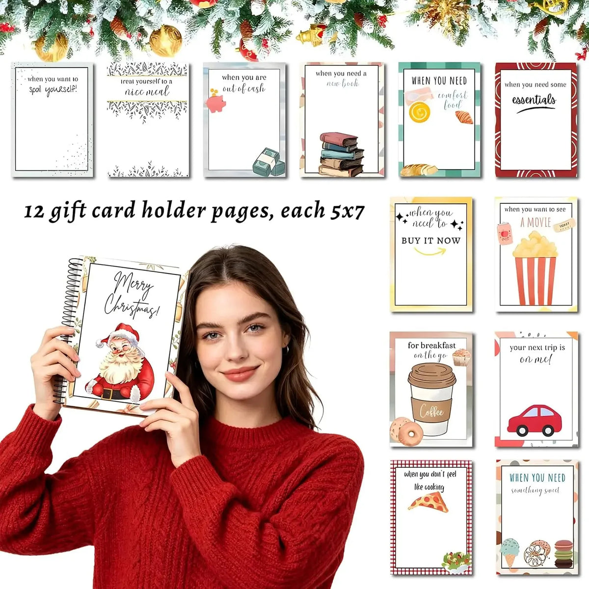 A woman holds a spiral gift card book featuring holiday designs and seasonal messages.