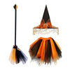 Women's Halloween witch costume set including a black pointed hat, tulle skirt, and broom.