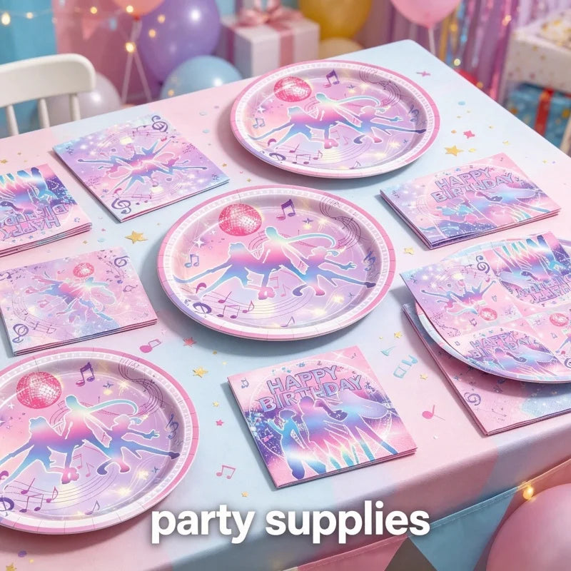 A pink and purple K-Pop themed party supplies set featuring plates and cards with glowing figures.
