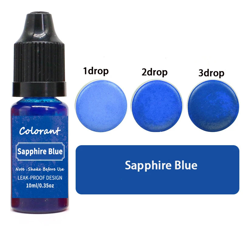 A bottle of Sapphire Blue liquid colorant with three dropper tips showing 1, 2, and 3 drops of the blue pigment.