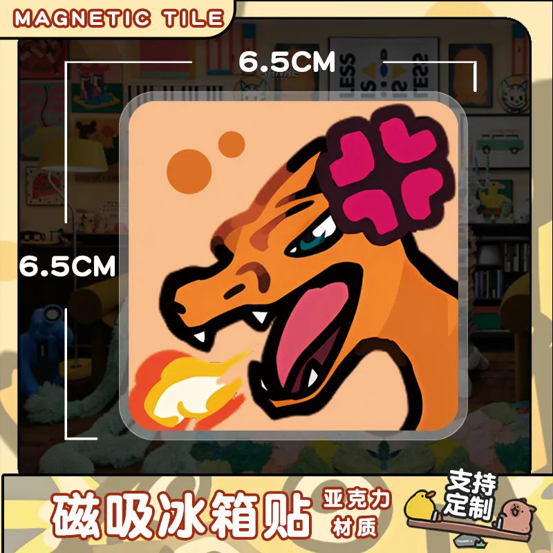 A square acrylic fridge magnet featuring an orange and black stylized Pokémon character with pink accents.