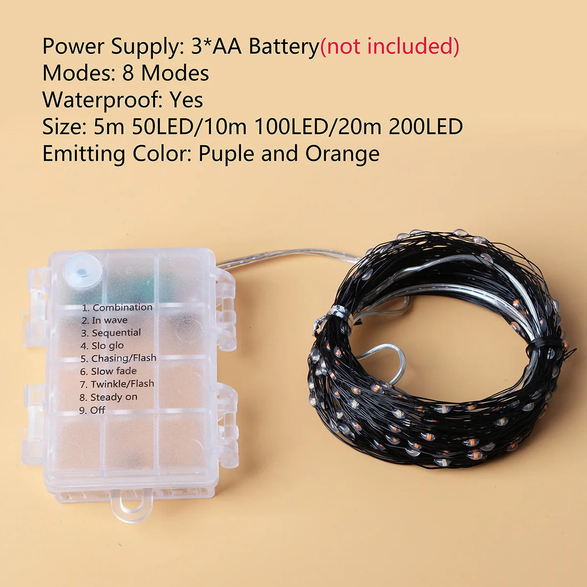 A clear plastic battery pack and a coiled string of purple and orange LED fairy lights for outdoor decoration.