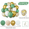 A collection of 51 metallic pearl and confetti-accented balloons in various shades of gold, green, and white.