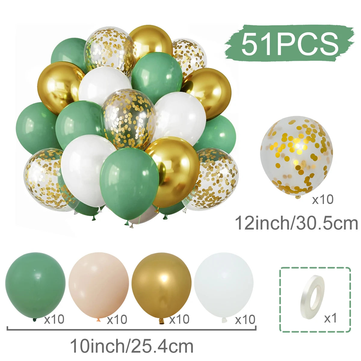 A collection of 51 metallic pearl and confetti-accented balloons in various shades of gold, green, and white.