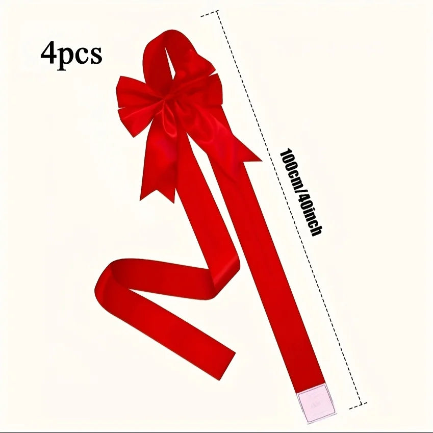 Four red satin ribbon bows shown vertically, measuring 100cm/40inch long.
