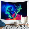 A dark banner flag displaying a vibrant blue and green abstract light effect against a black background.