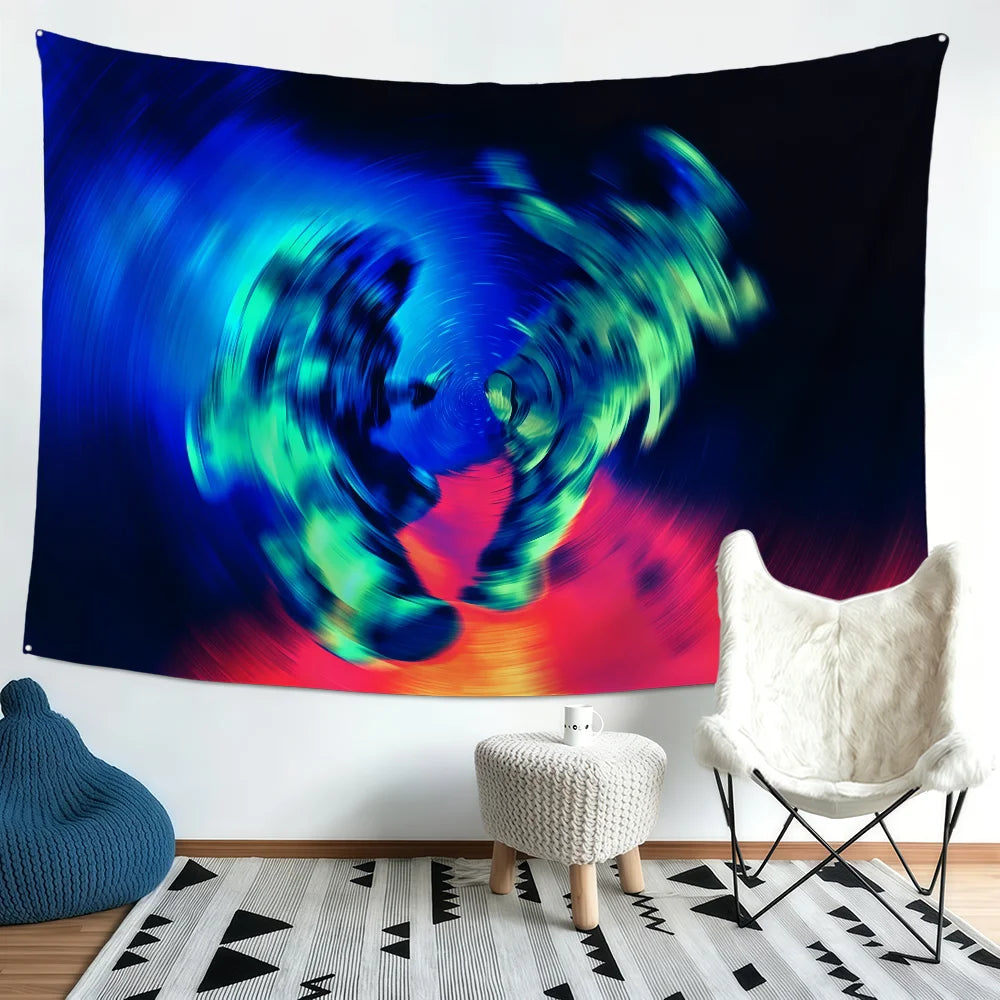 A dark banner flag displaying a vibrant blue and green abstract light effect against a black background.