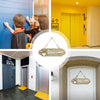 A double-sided wooden welcome sign with a heart design is shown in various contexts including a brightly lit room and on a do
