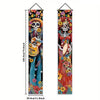 A vertical banner featuring a Mexican skull and floral motifs for a Day of the Dead theme.