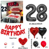 A set of red and black birthday balloons including a 28-inch number balloon, heart balloons, and solid colored balloons.